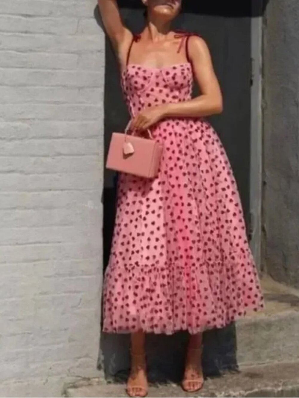 Betsy Johnson Pink Tulle Red Glitter Heart Sweetheart Velvet Strap MidiDress